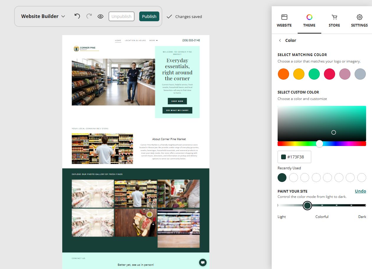 Corner Pine Market at Website Builder Paint slider position 3 of 7, colourful with a light base