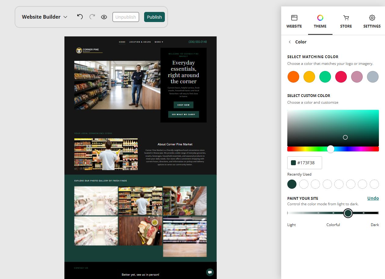 Corner Pine Market at Website Builder Paint slider position 5 of 7, colourful with a dark base