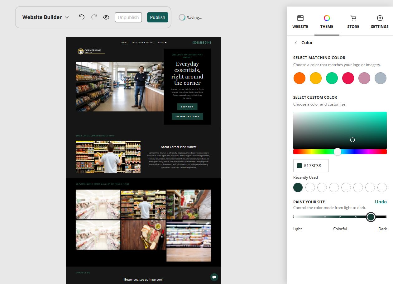 Corner Pine Market at Website Builder Paint slider position 6 of 7, dark toward colourful