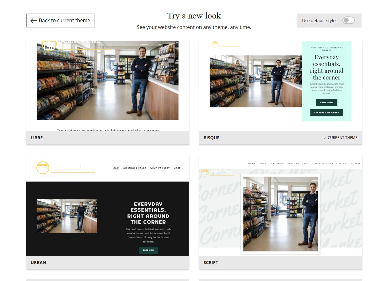 Website Builder selected-colour theme previews for Corner Pine Market, group 2