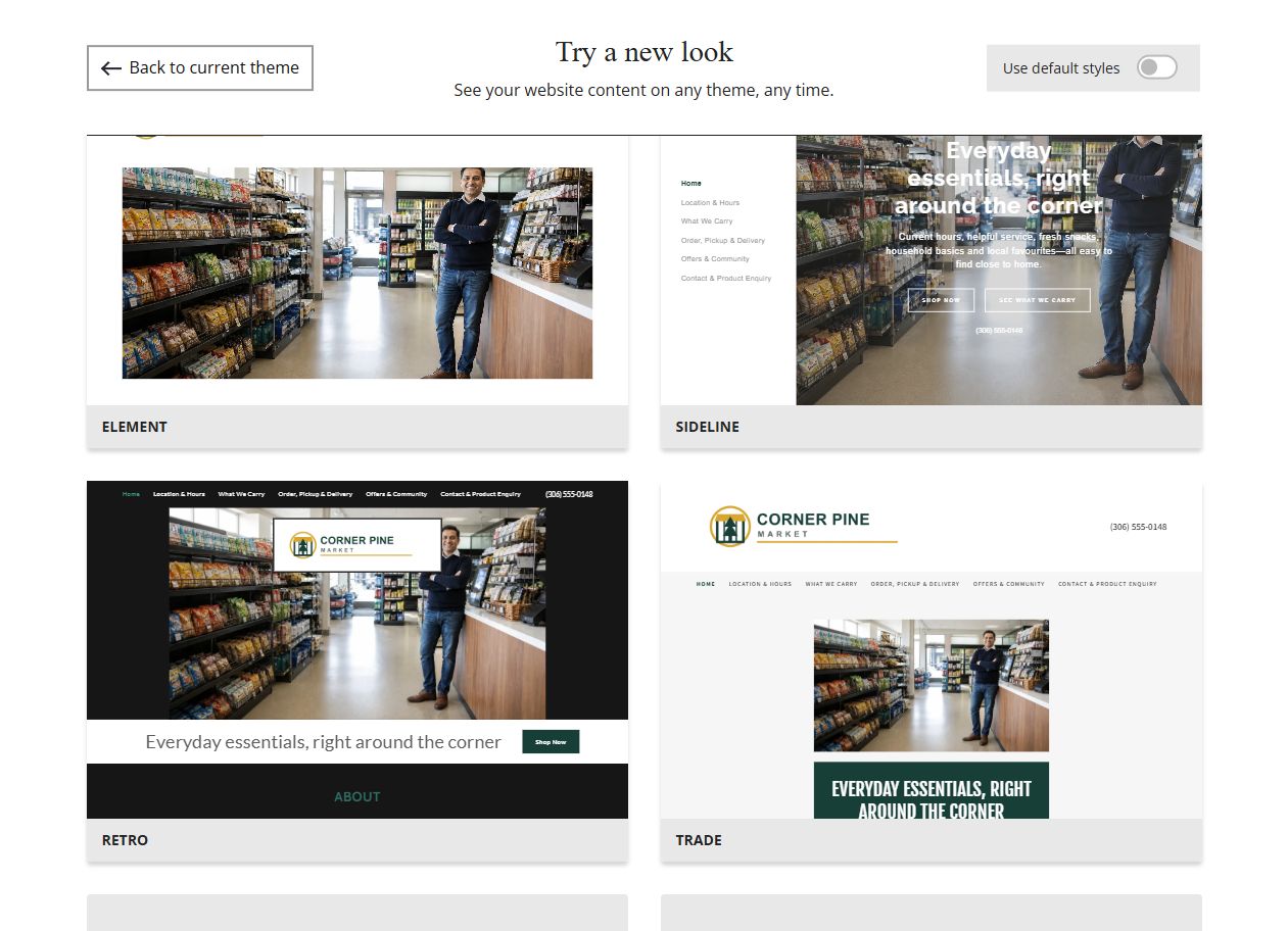 Website Builder selected-colour theme previews for Corner Pine Market, group 7