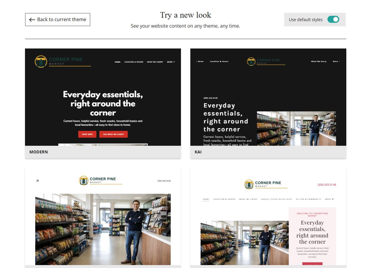 Website Builder default-style theme previews for Corner Pine Market, group 1