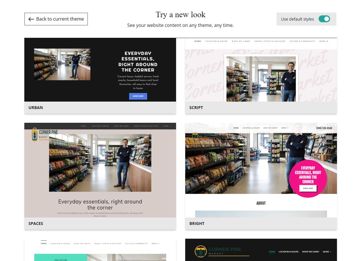Website Builder default-style theme previews for Corner Pine Market, group 3