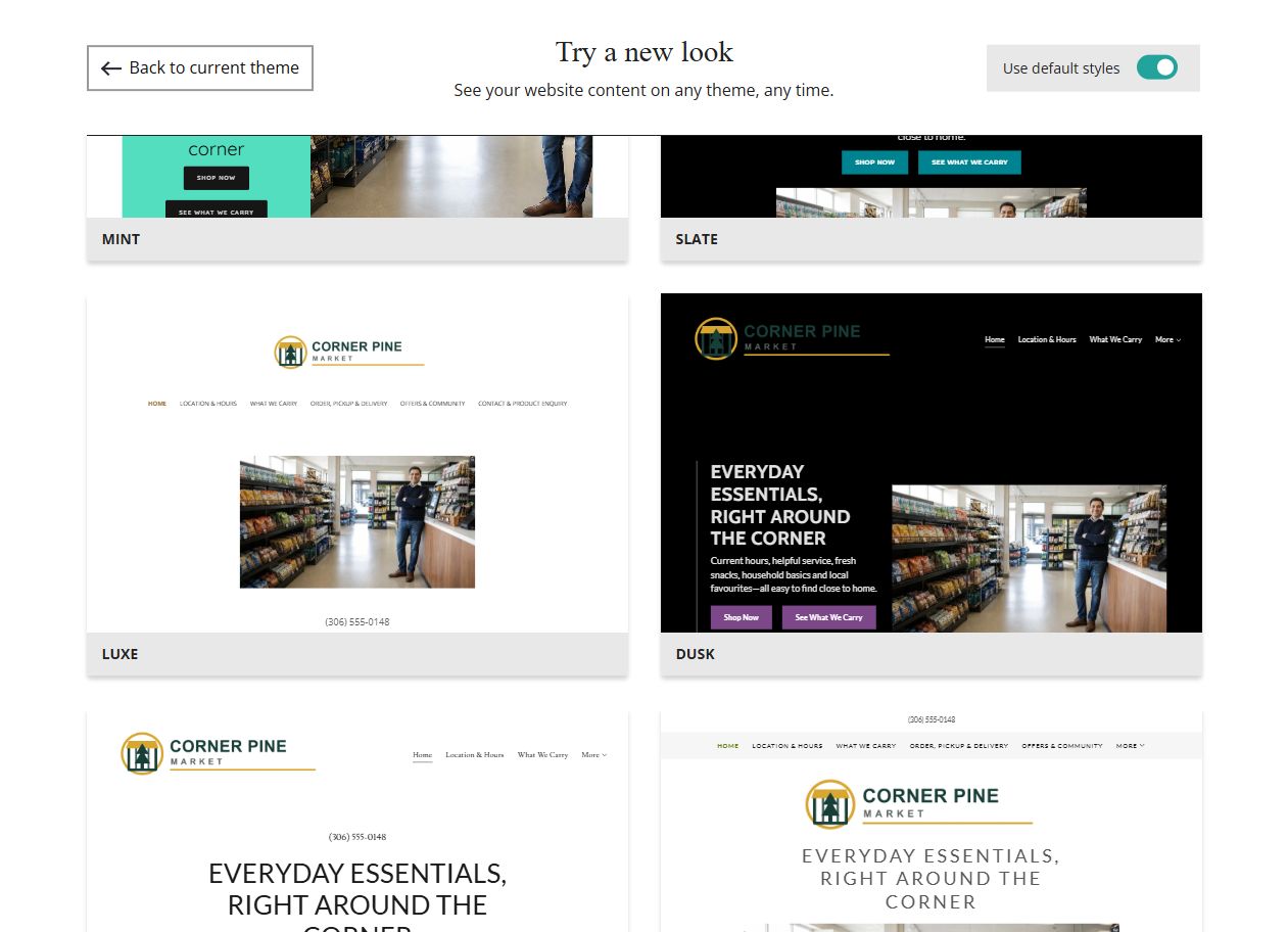 Website Builder default-style theme previews for Corner Pine Market, group 5