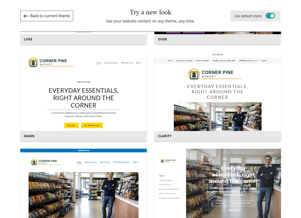 Website Builder default-style theme previews for Corner Pine Market, group 6