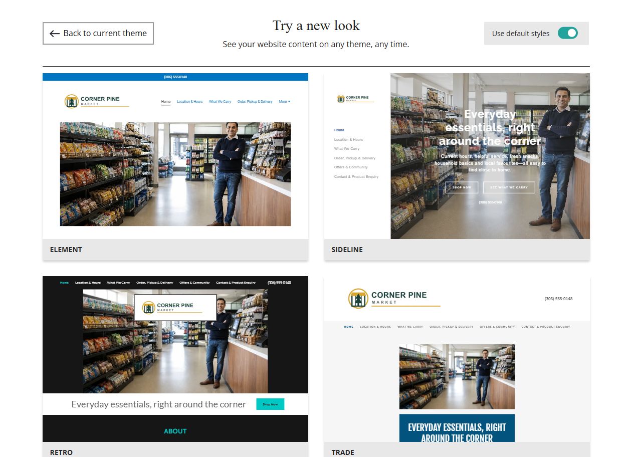 Website Builder default-style theme previews for Corner Pine Market, group 7