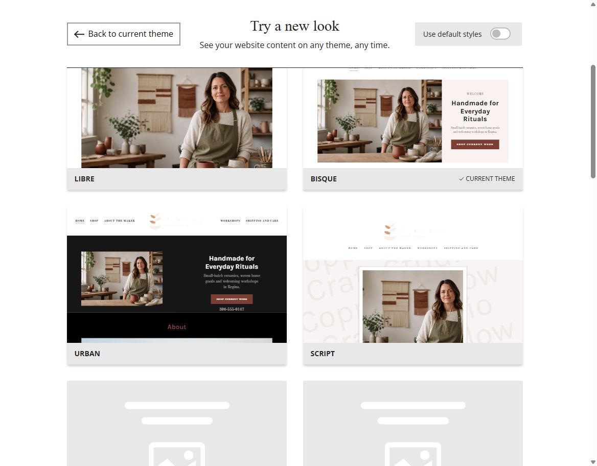 Copper Willow Craft Studio selected-colour Website Builder theme previews, set 2