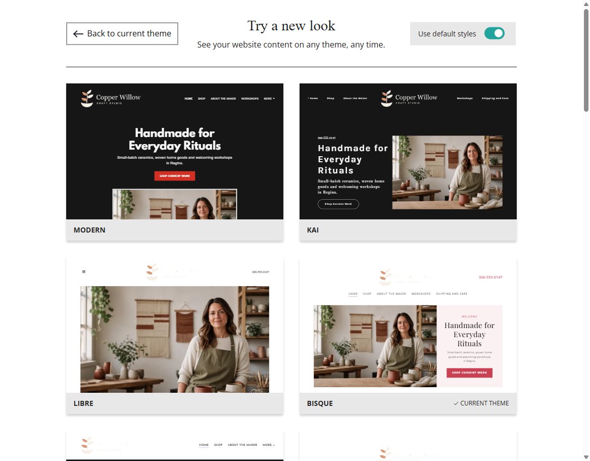 Copper Willow Craft Studio default-style Website Builder theme previews, set 1