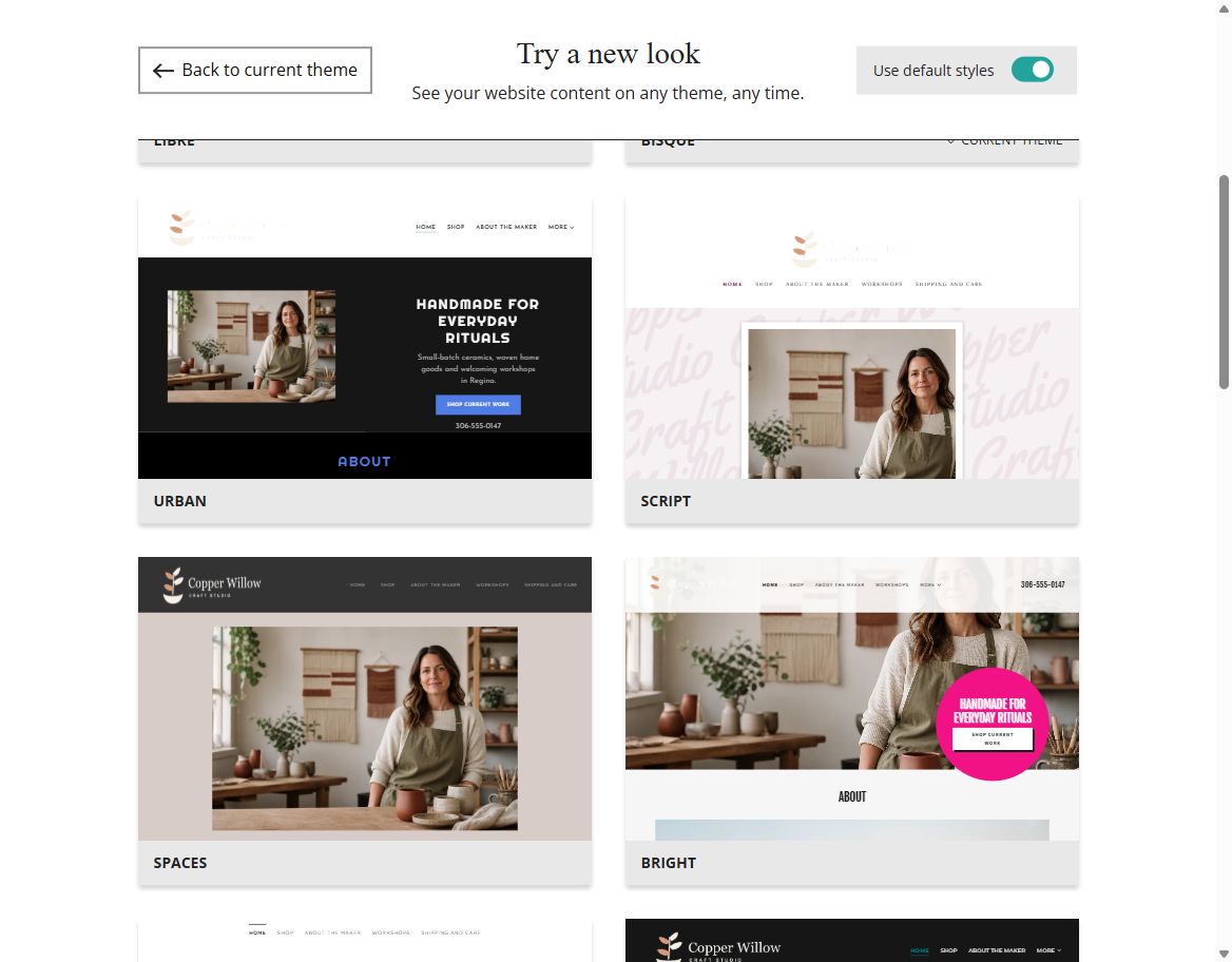 Copper Willow Craft Studio default-style Website Builder theme previews, set 2