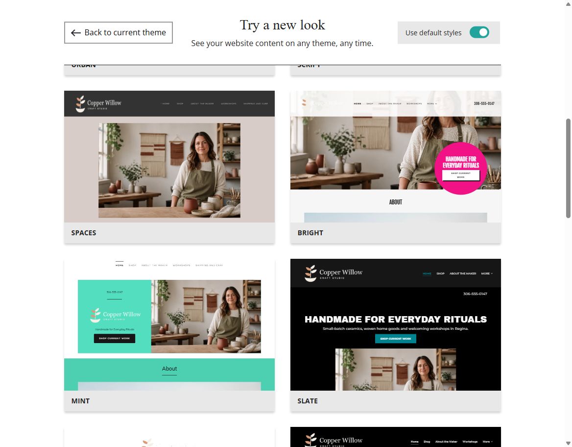 Copper Willow Craft Studio default-style Website Builder theme previews, set 3