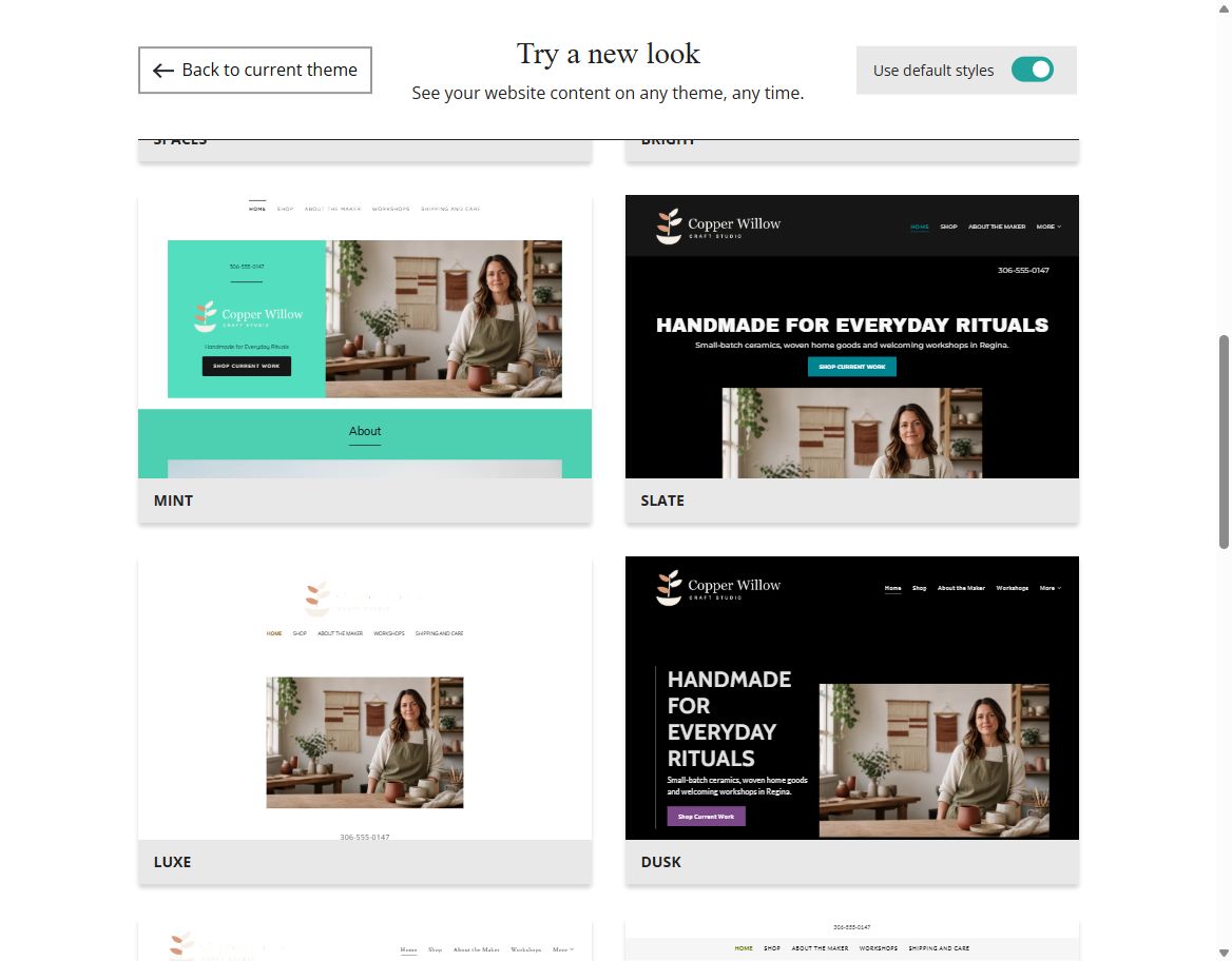 Copper Willow Craft Studio default-style Website Builder theme previews, set 4
