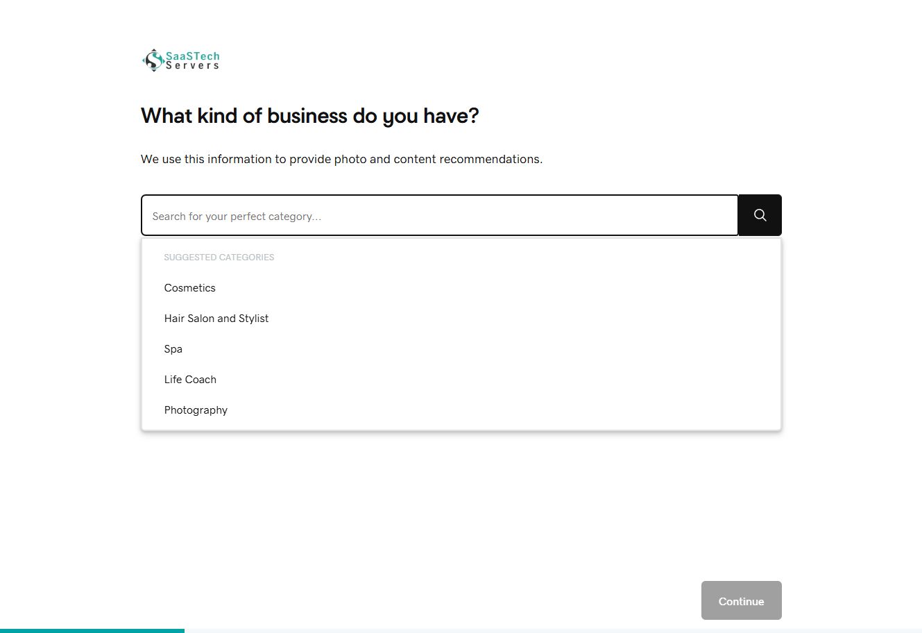 Website Builder asking for an organization category