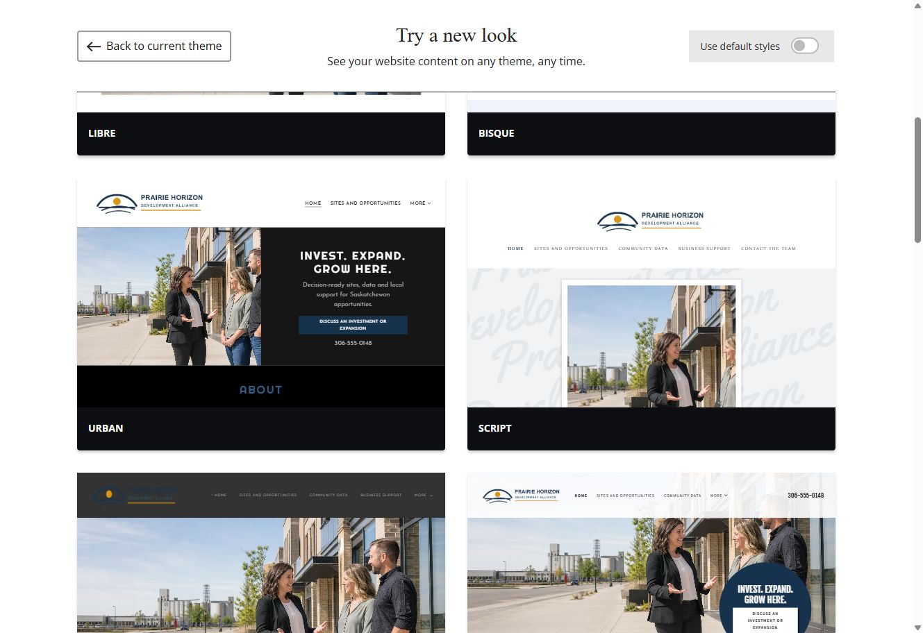 Selected-colour Website Builder theme previews for Prairie Horizon Development Alliance, group 2