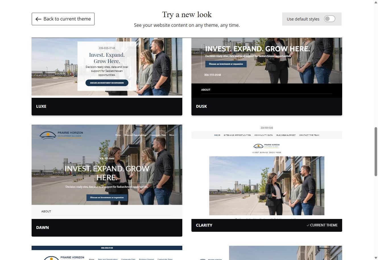 Selected-colour Website Builder theme previews for Prairie Horizon Development Alliance, group 4