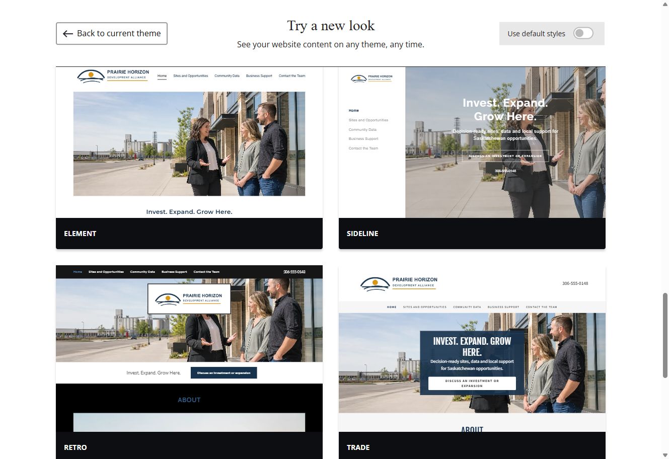Selected-colour Website Builder theme previews for Prairie Horizon Development Alliance, group 5