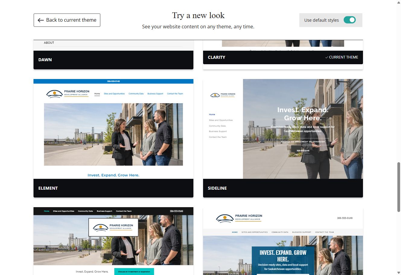 Default-style Website Builder theme previews for Prairie Horizon Development Alliance, group 5