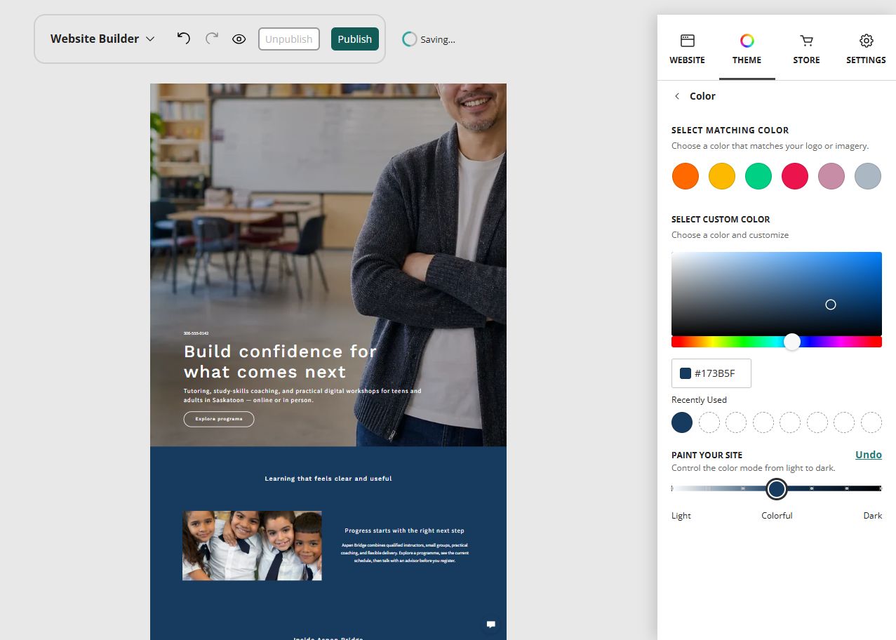 Aspen Bridge Learning Centre home page in the Website Builder colourful paint setting