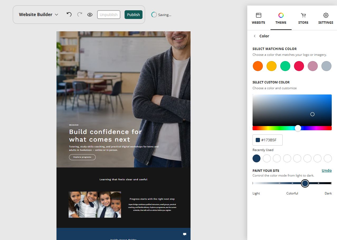 Aspen Bridge Learning Centre home page in the Website Builder rich colour paint setting