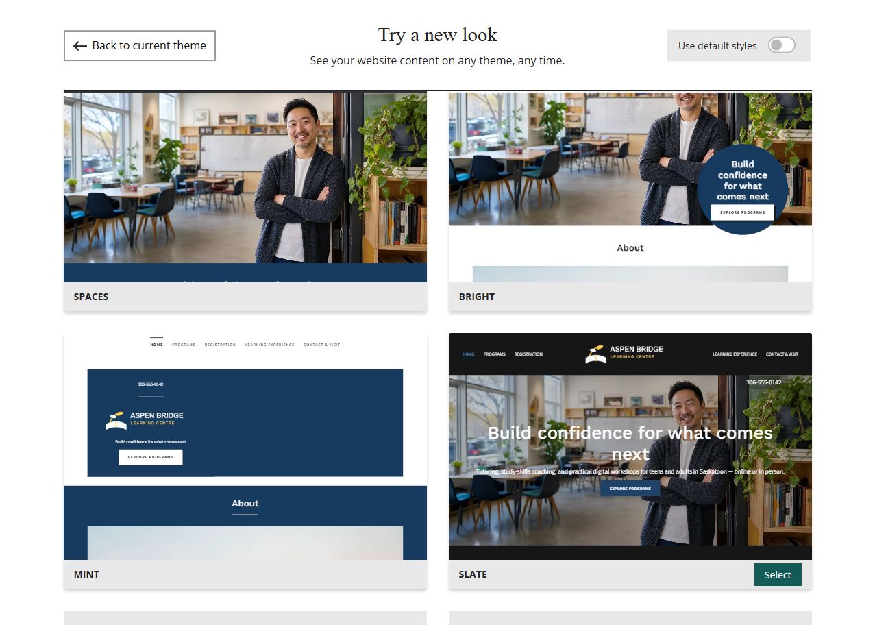 Website Builder theme previews for Aspen Bridge Learning Centre using its chosen colours, group 3