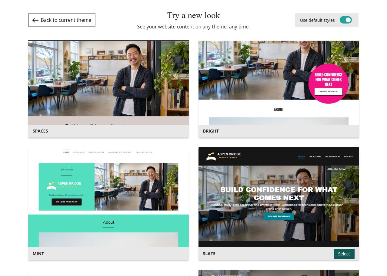 Website Builder theme previews for Aspen Bridge Learning Centre using default styles, group 3