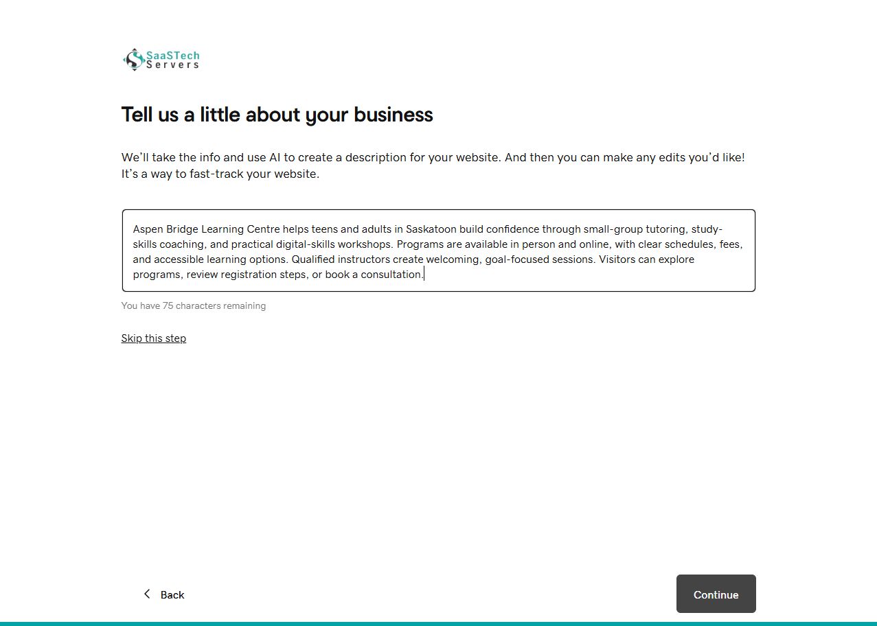 Website Builder setup with the Aspen Bridge business description completed