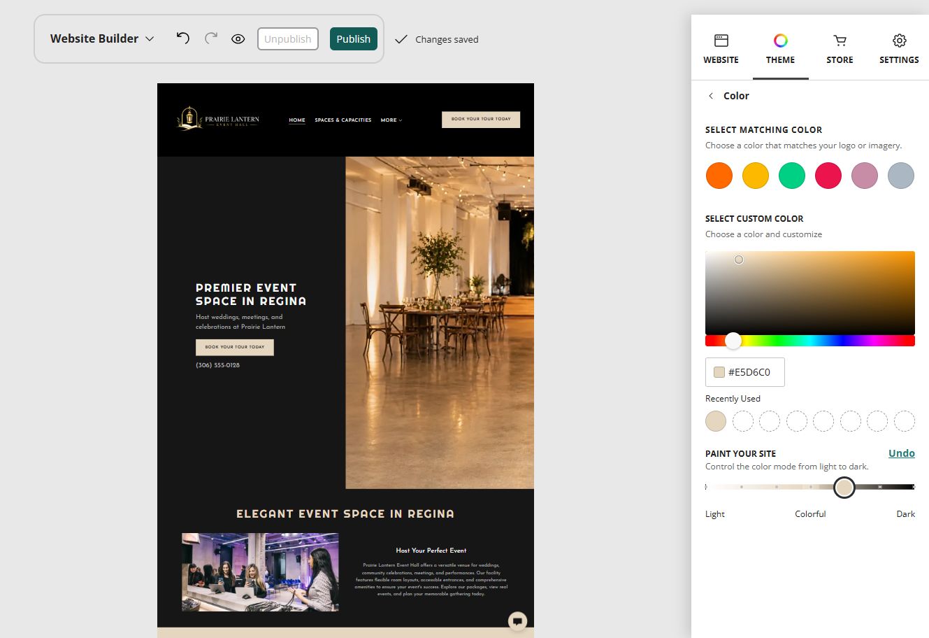 Prairie Lantern Event Hall in the Website Builder rich colour paint setting