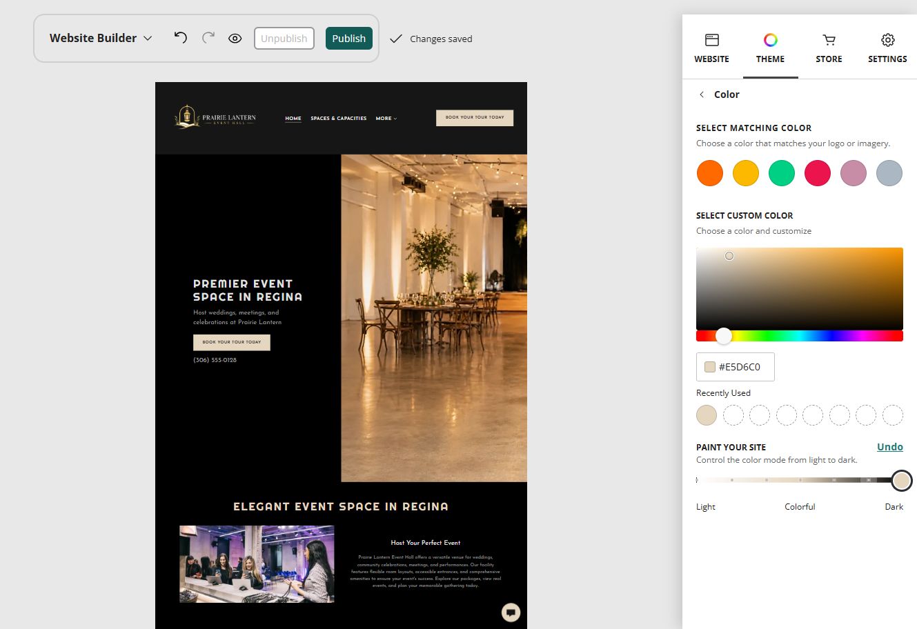 Prairie Lantern Event Hall in the Website Builder darkest paint setting