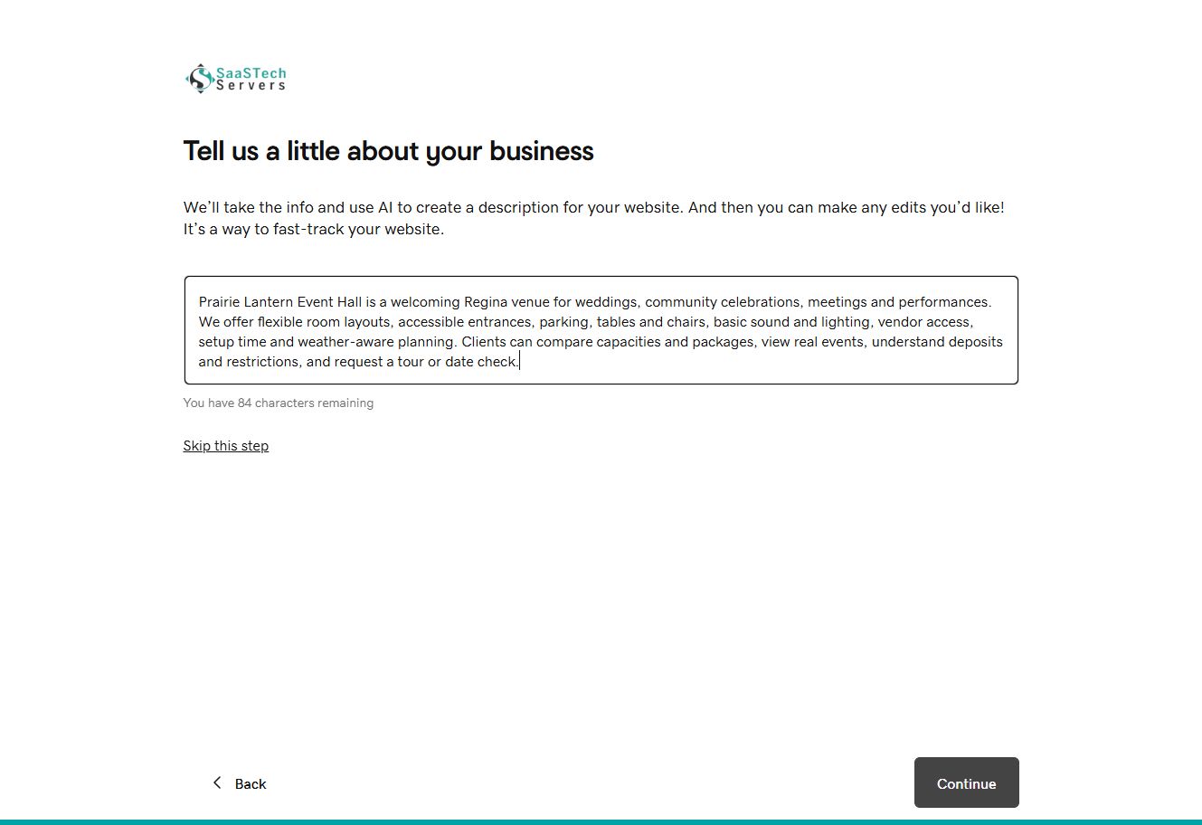 Website Builder with the Prairie Lantern Event Hall description