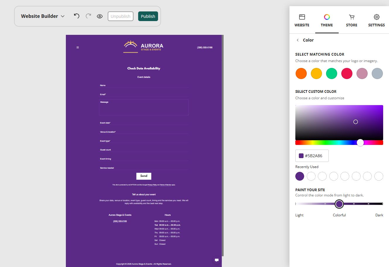 Website Builder custom colour controls for Aurora Stage and Events