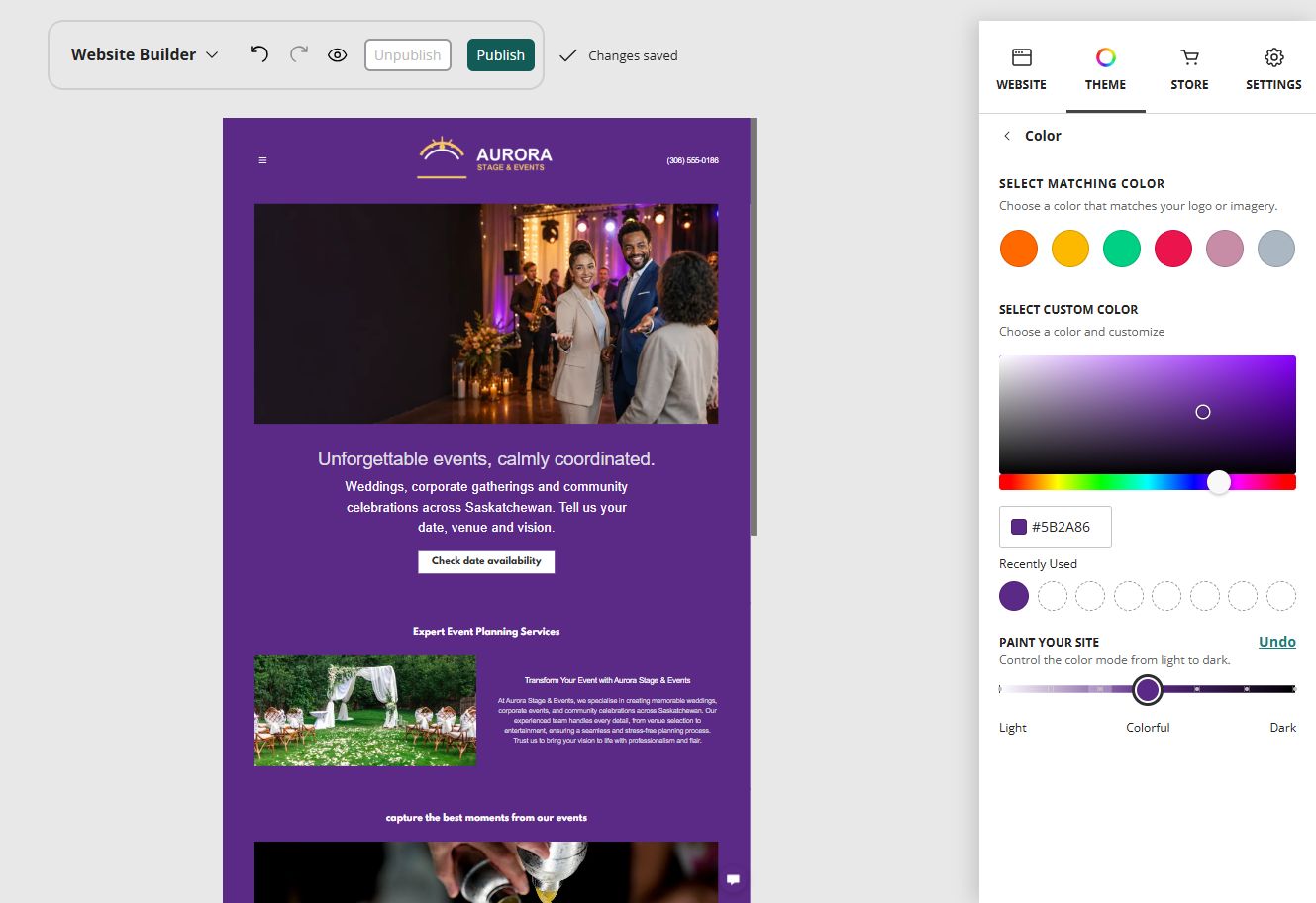 Aurora Stage and Events home page in the Website Builder colourful paint setting