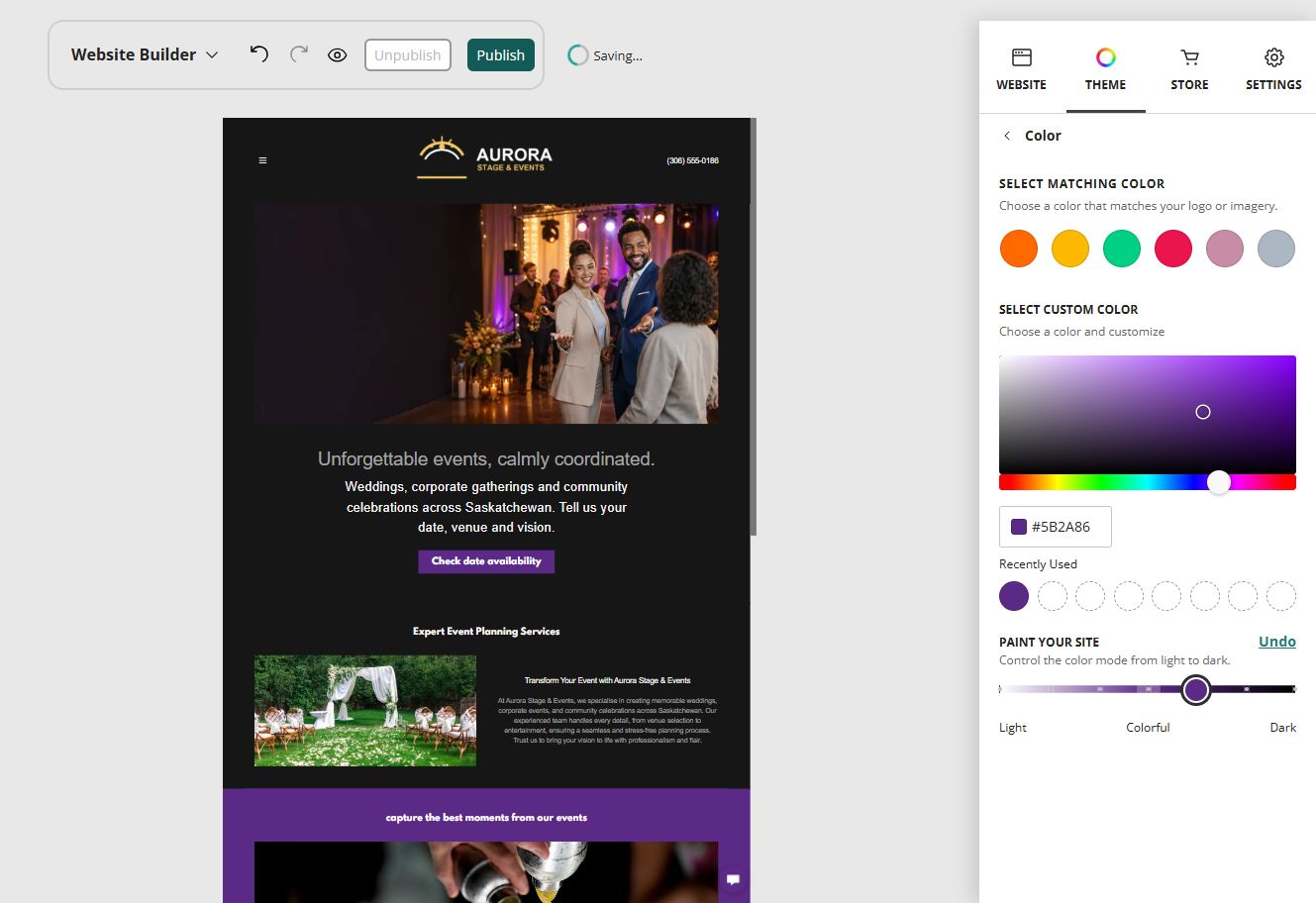 Aurora Stage and Events home page in the Website Builder rich colour paint setting