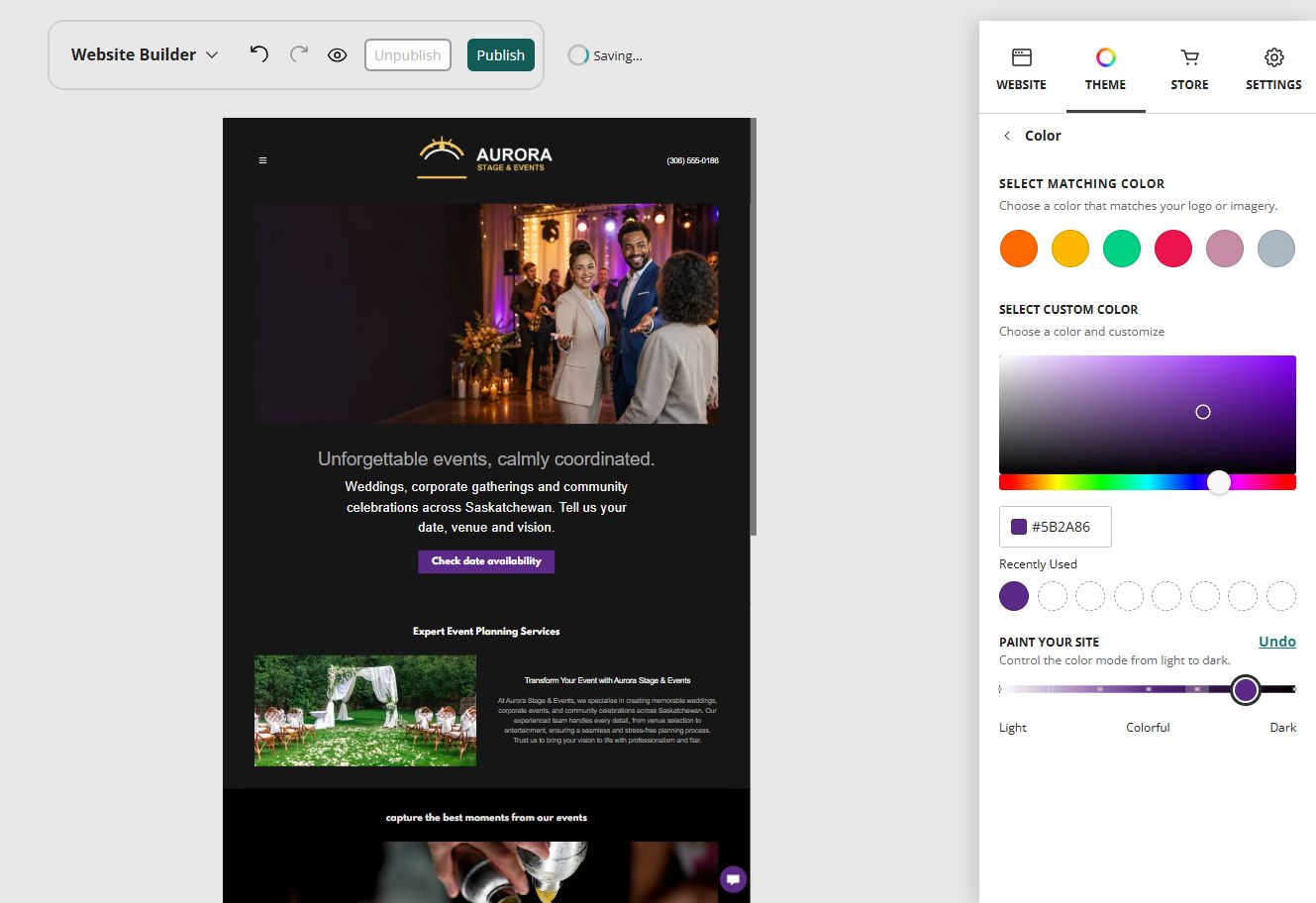 Aurora Stage and Events home page in the Website Builder deep colour paint setting