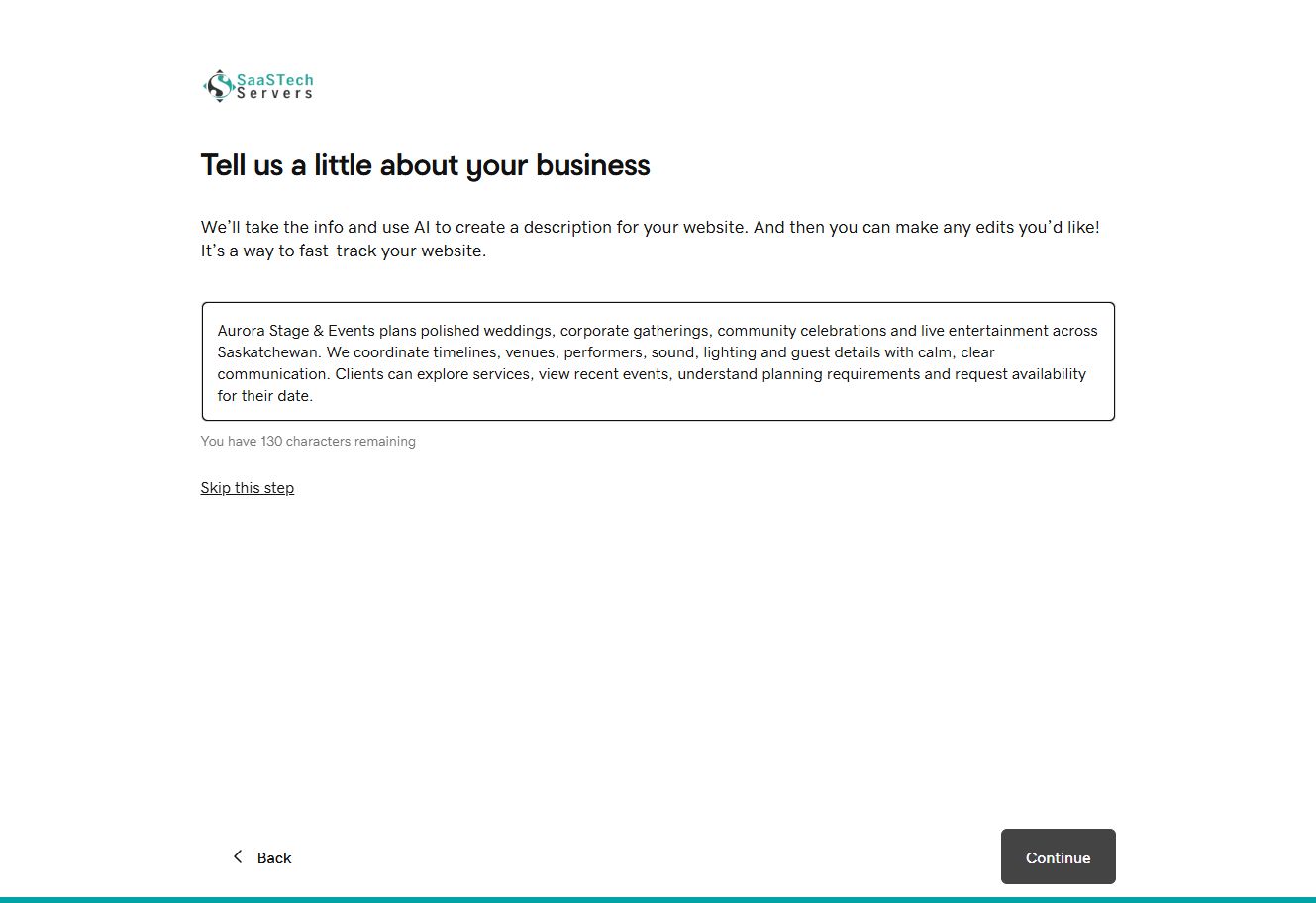 Website Builder setup with the Aurora Stage and Events business description