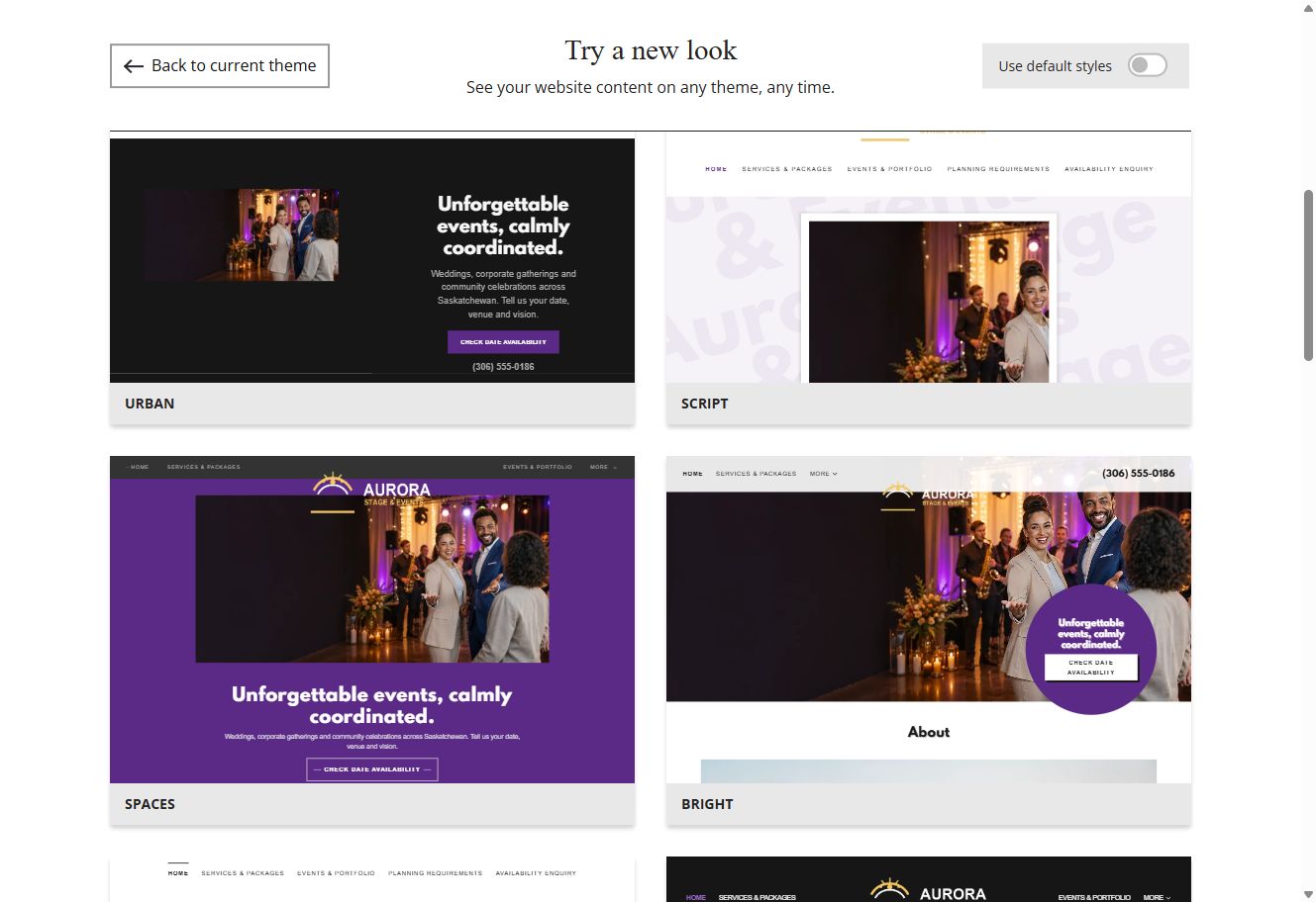 Website Builder theme previews for Aurora Stage and Events using its chosen colours, group 3
