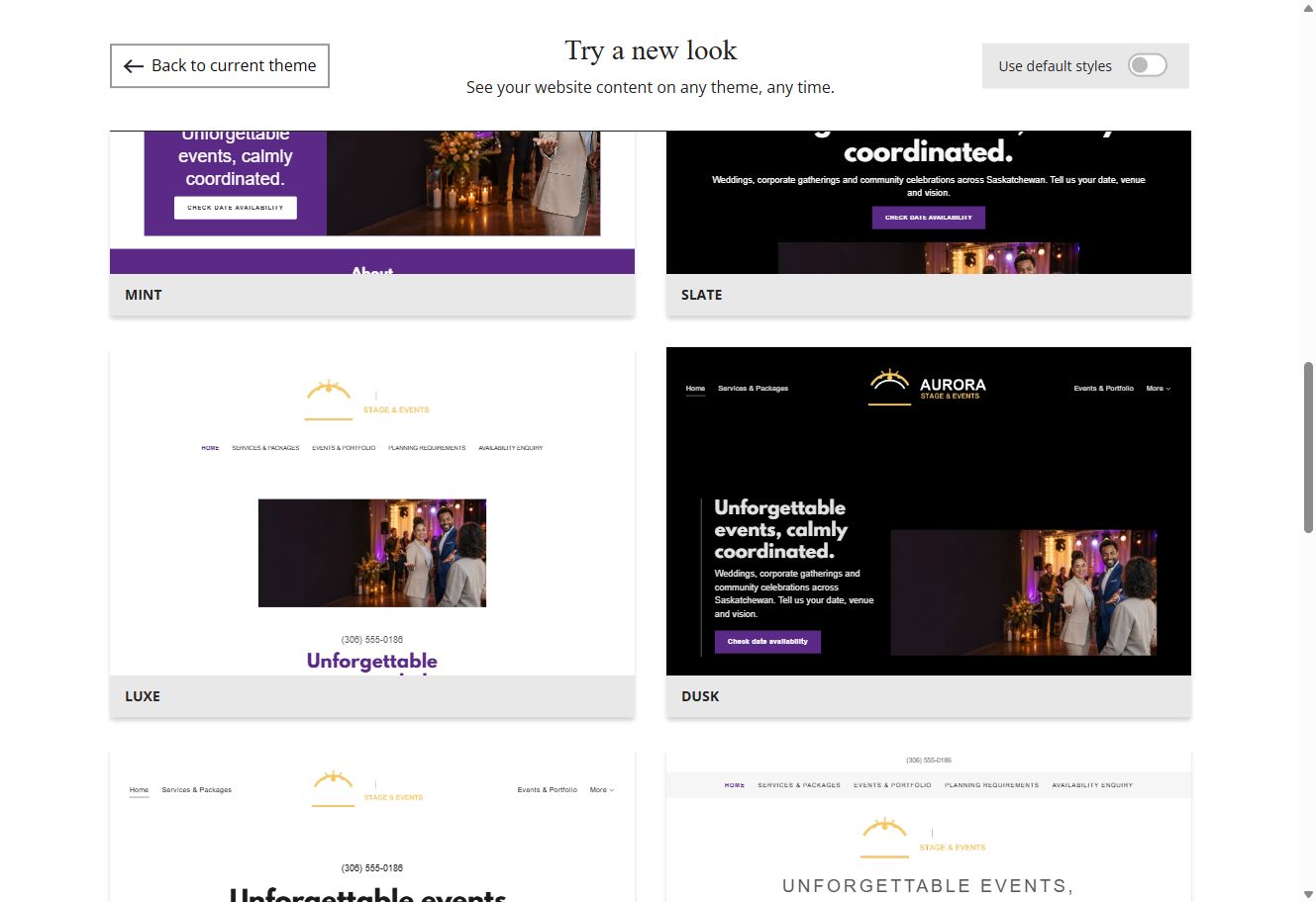 Website Builder theme previews for Aurora Stage and Events using its chosen colours, group 5