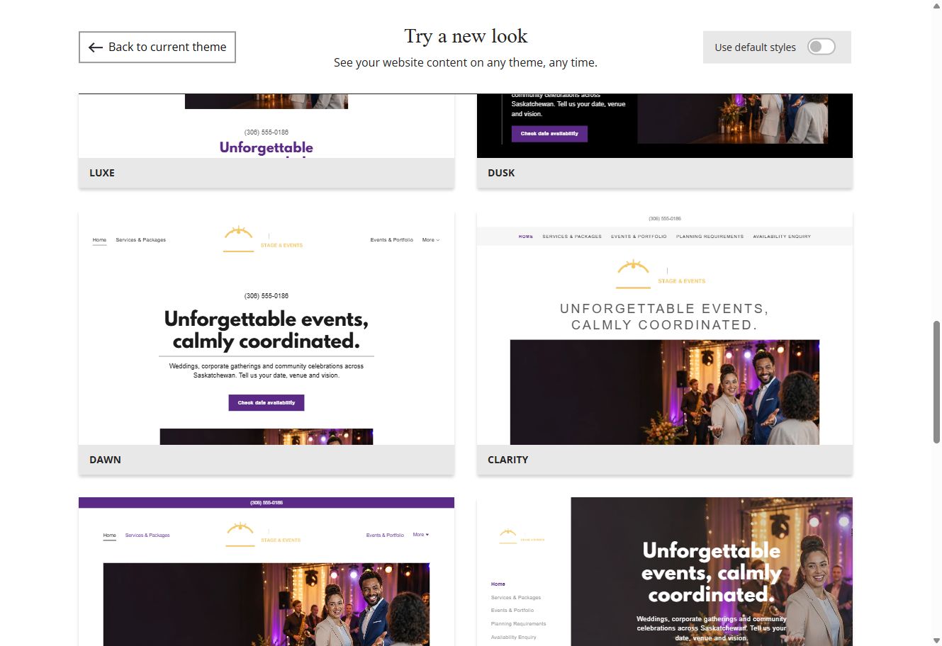 Website Builder theme previews for Aurora Stage and Events using its chosen colours, group 6
