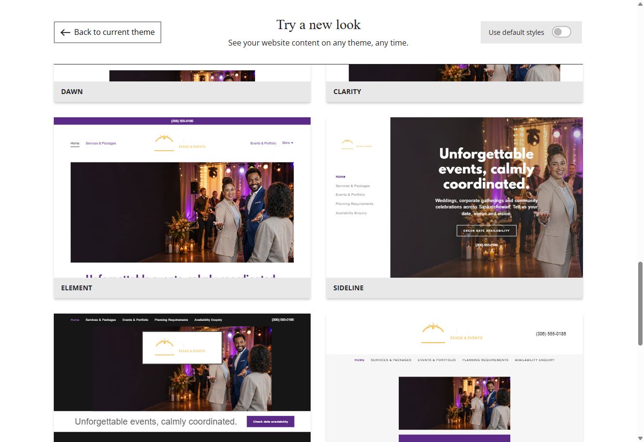 Website Builder theme previews for Aurora Stage and Events using its chosen colours, group 7