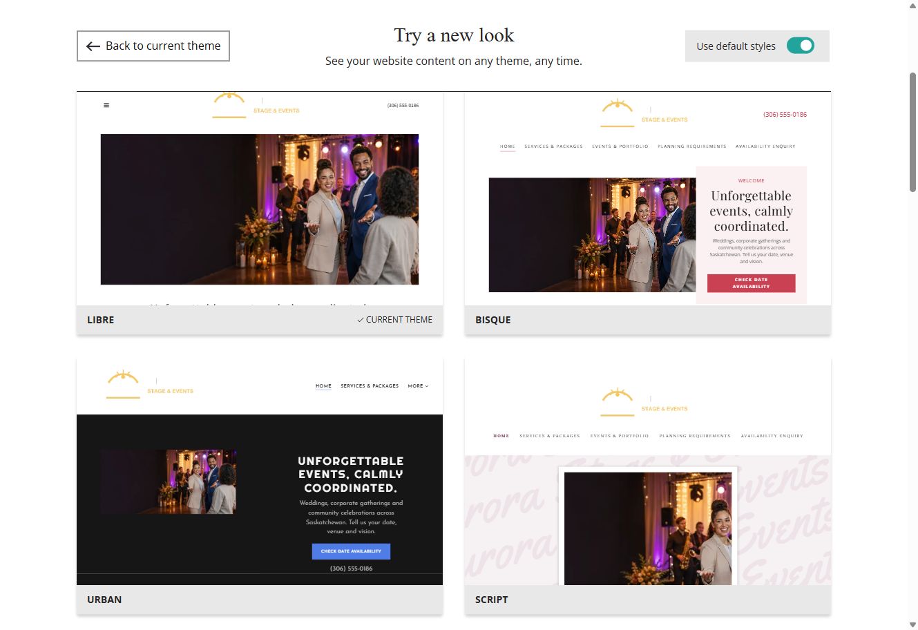 Website Builder theme previews for Aurora Stage and Events using default styles, group 2