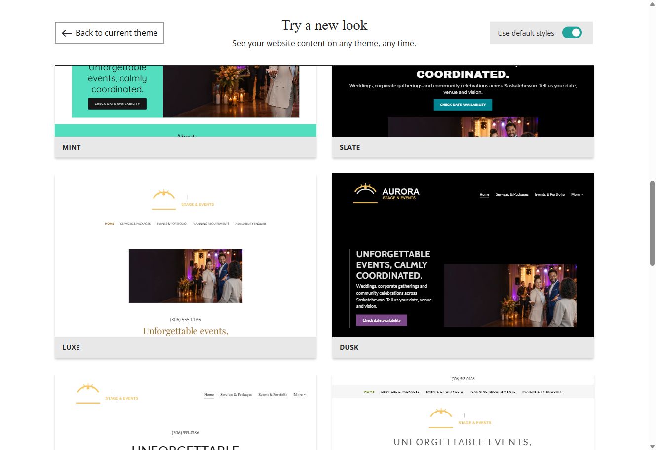 Website Builder theme previews for Aurora Stage and Events using default styles, group 5