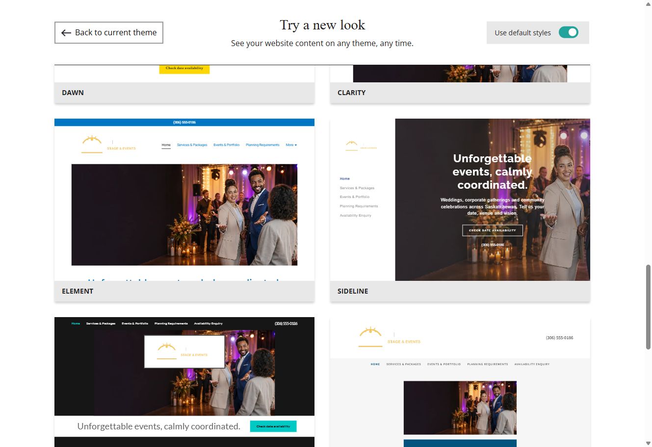 Website Builder theme previews for Aurora Stage and Events using default styles, group 7