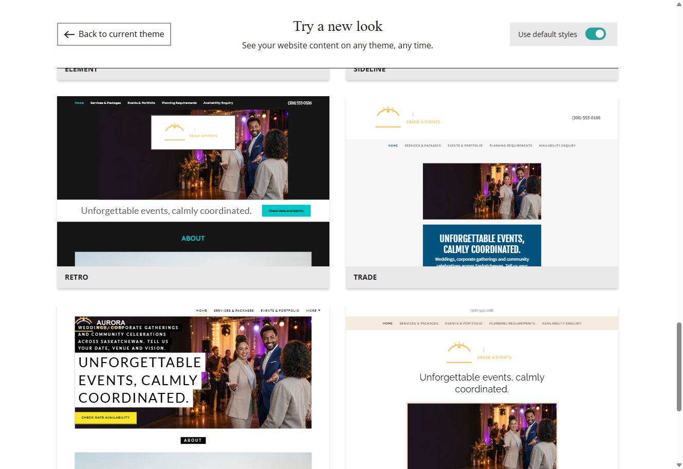 Website Builder theme previews for Aurora Stage and Events using default styles, group 8
