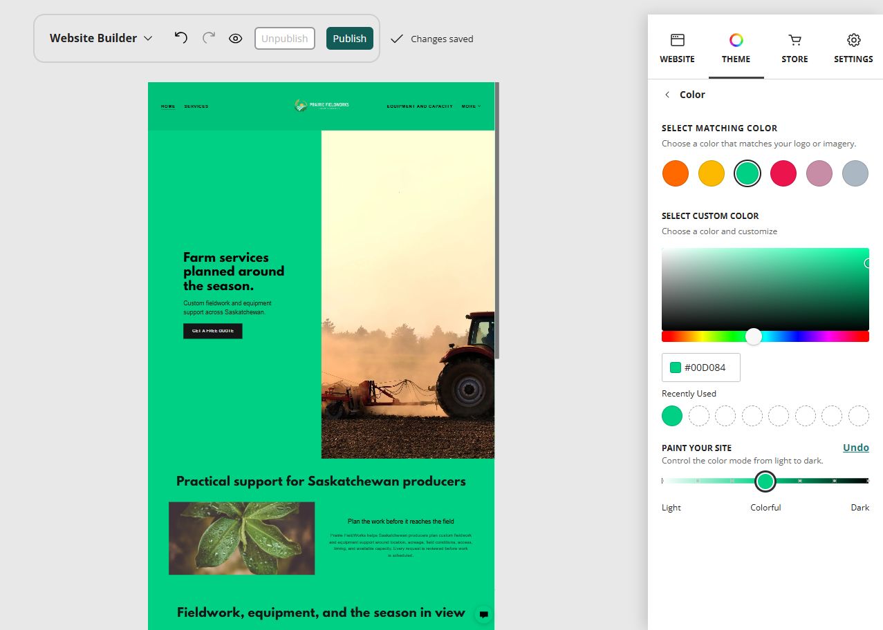 Prairie FieldWorks home page in the Website Builder colourful paint setting