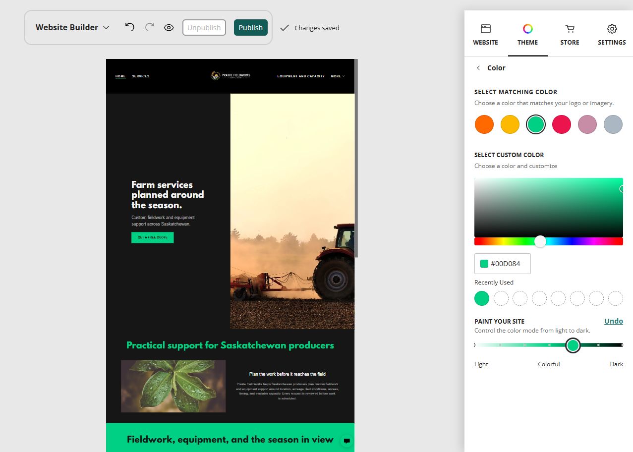 Prairie FieldWorks home page in the Website Builder rich colour paint setting