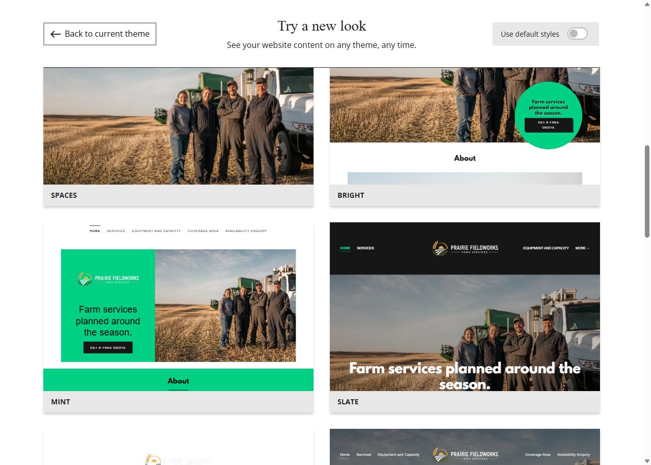 Website Builder theme previews for Prairie FieldWorks using its chosen colour, group 3