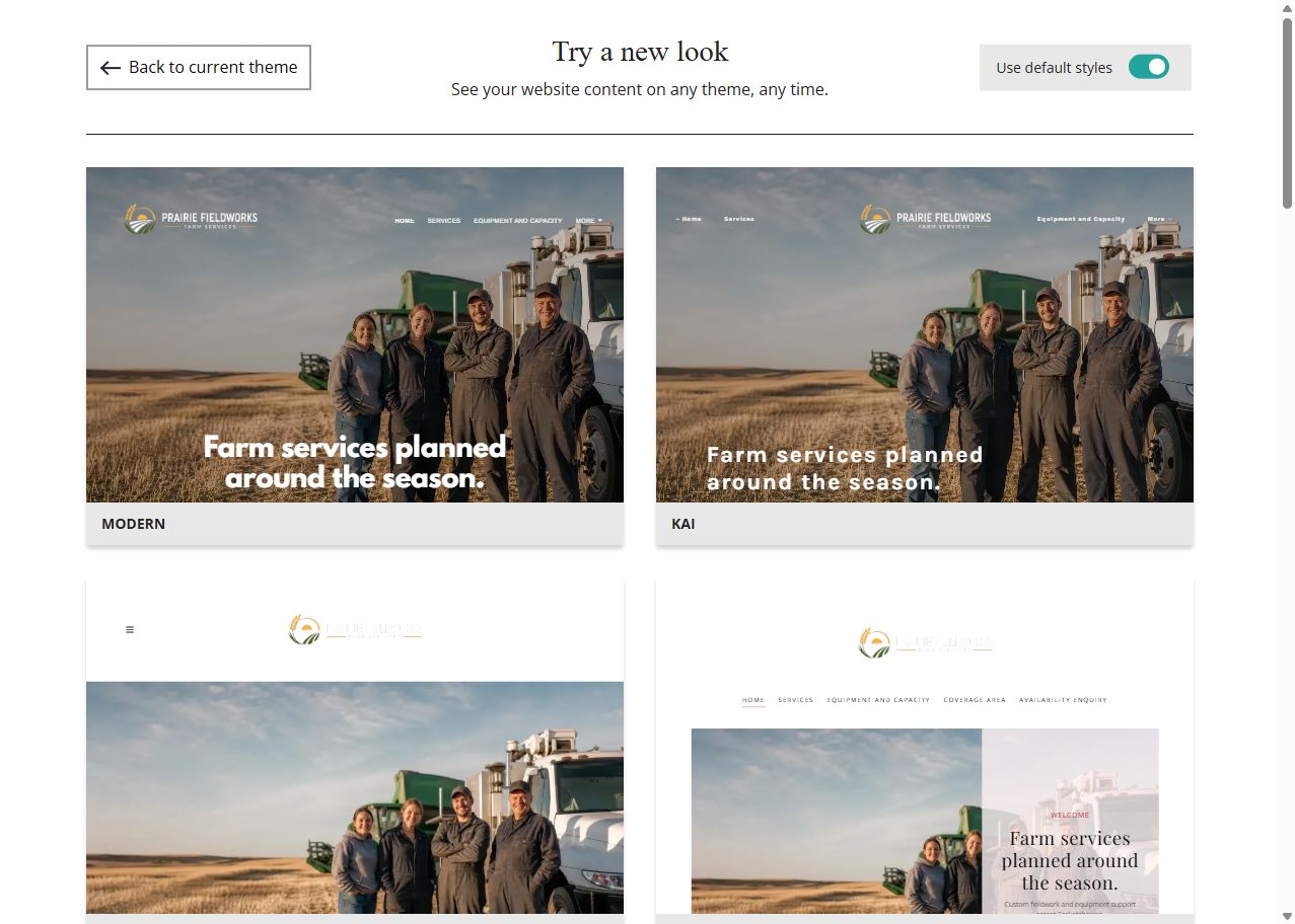 Website Builder theme previews for Prairie FieldWorks using default styles, group 1