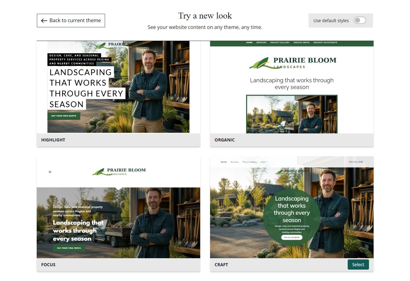 Website Builder selected-colour theme previews for Prairie Bloom Landscapes, group 8