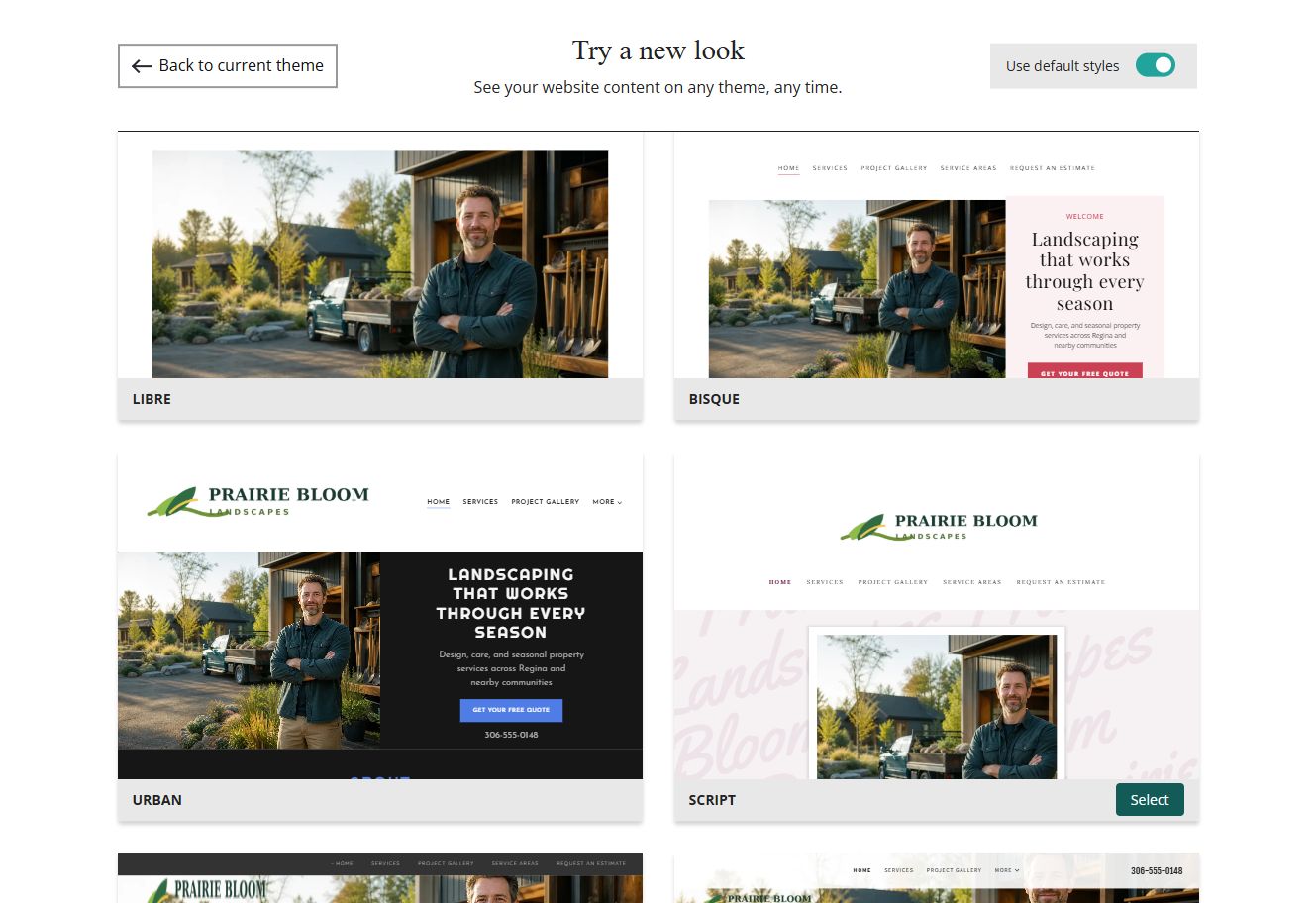 Website Builder default-style theme previews for Prairie Bloom Landscapes, group 2