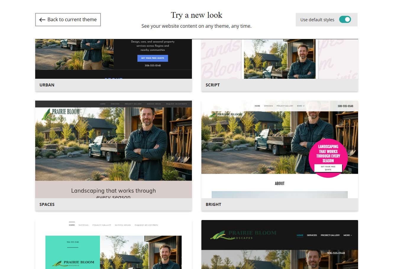 Website Builder default-style theme previews for Prairie Bloom Landscapes, group 3