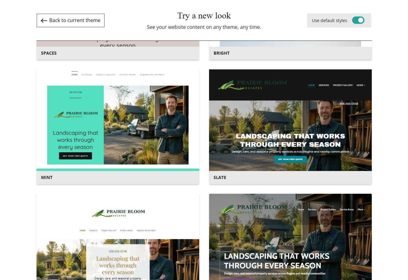 Website Builder default-style theme previews for Prairie Bloom Landscapes, group 4