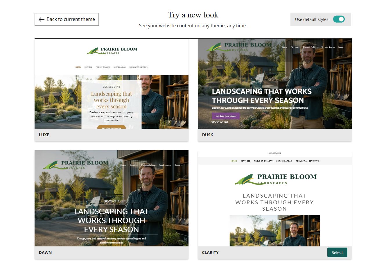 Website Builder default-style theme previews for Prairie Bloom Landscapes, group 5